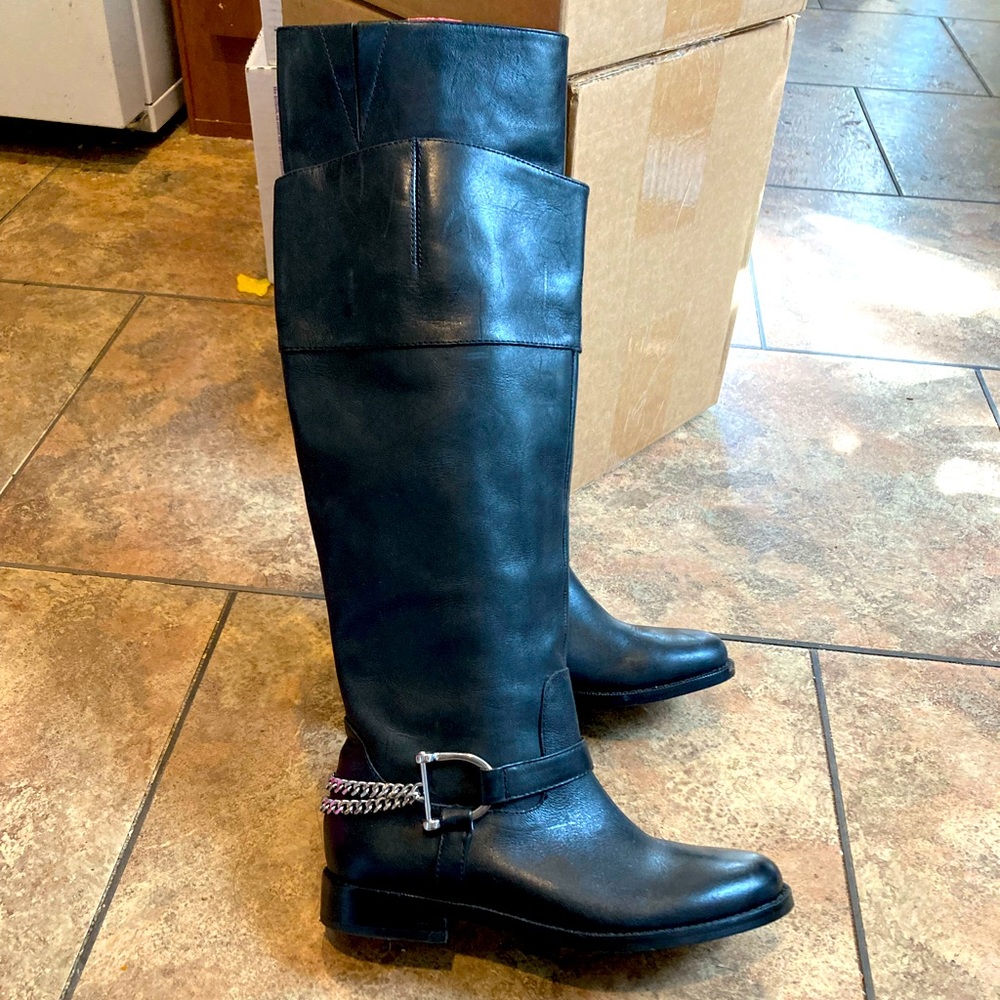 Ralph Lauren black leather riding boots equestrian 5B buckle hardware heeled